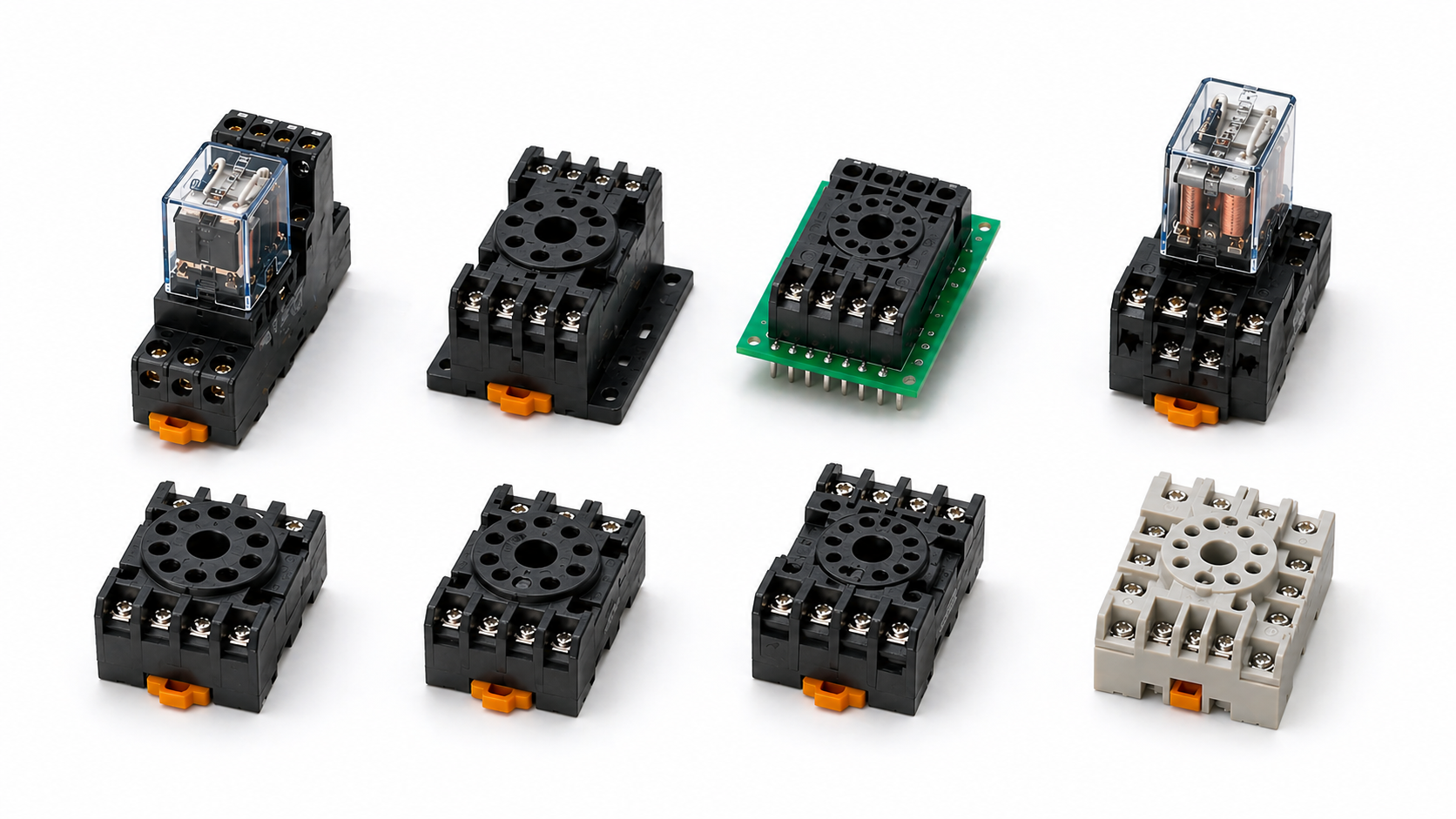 Different types of relay sockets including DIN rail, PCB, plug-in, 8-pin, 11-pin, and 14-pin bases.png