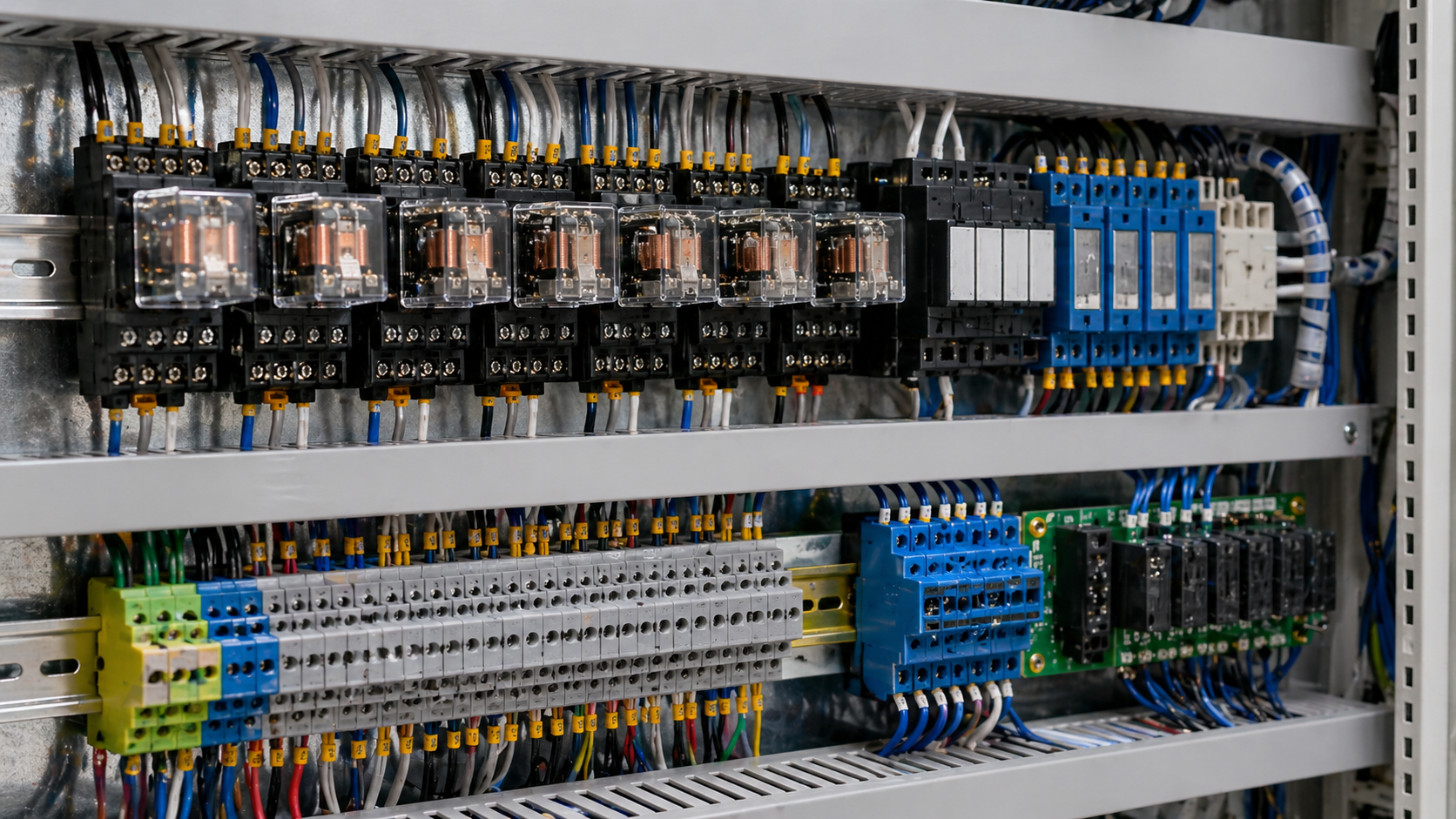 Relay sockets mounted on DIN rail inside an organized industrial control panel.png